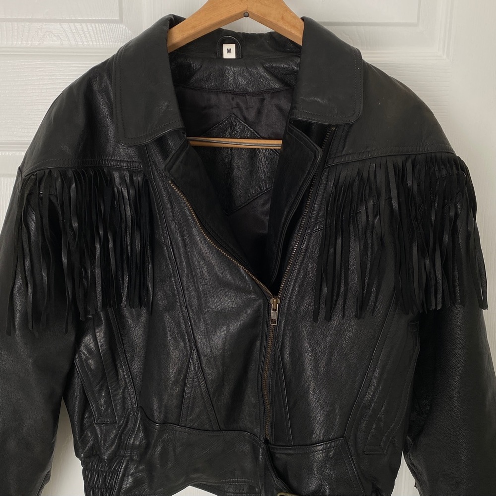Vintage Black Western Leather And Leather Fringe Zip Jacket Medium Women’s Biker